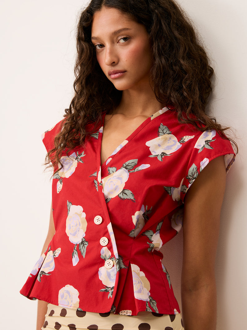 SOLEDAD red floral wrap shirt worn on a model by Rouje