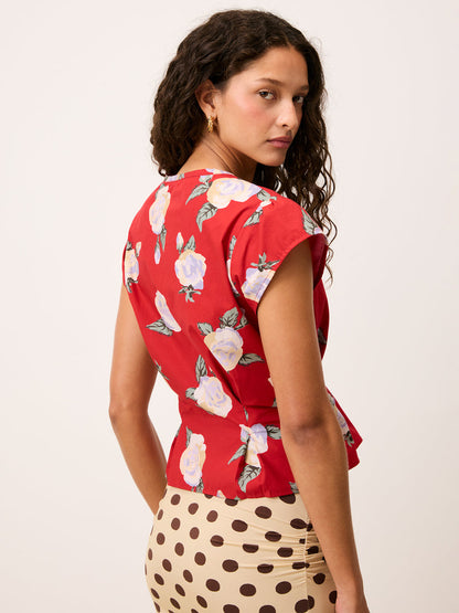 SOLEDAD Rose Drama red floral wrap shirt, back view by Rouje