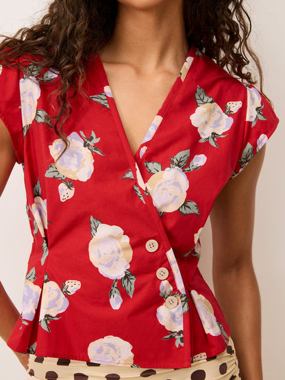 SOLEDAD red floral wrap shirt, detail of V-neck by Rouje