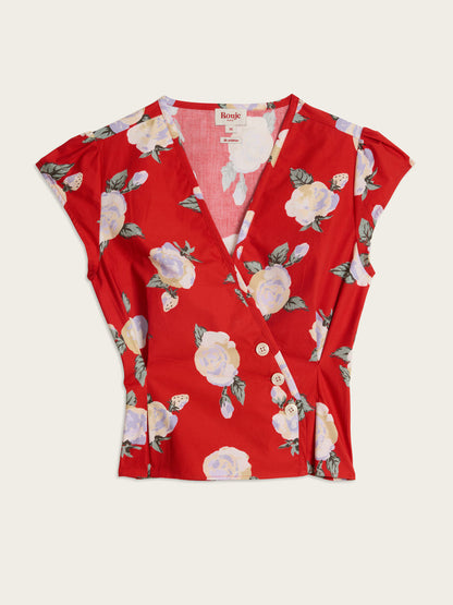 SOLEDAD Rose Drama red floral print cotton wrap shirt, flat packshot by Rouje