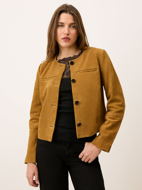 MILO olive suede short jacket, front view by Rouje