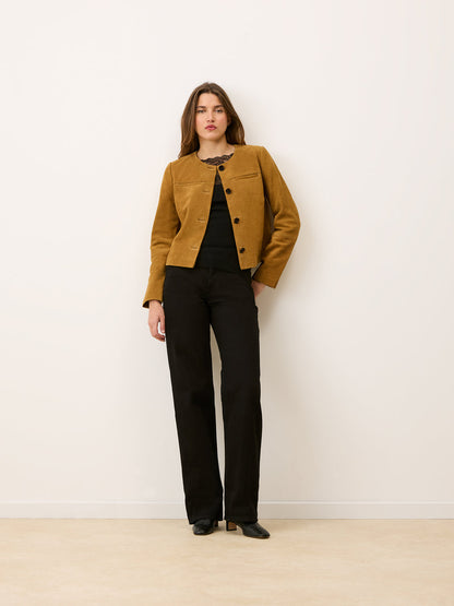 MILO olive suede jacket worn on a model by Rouje