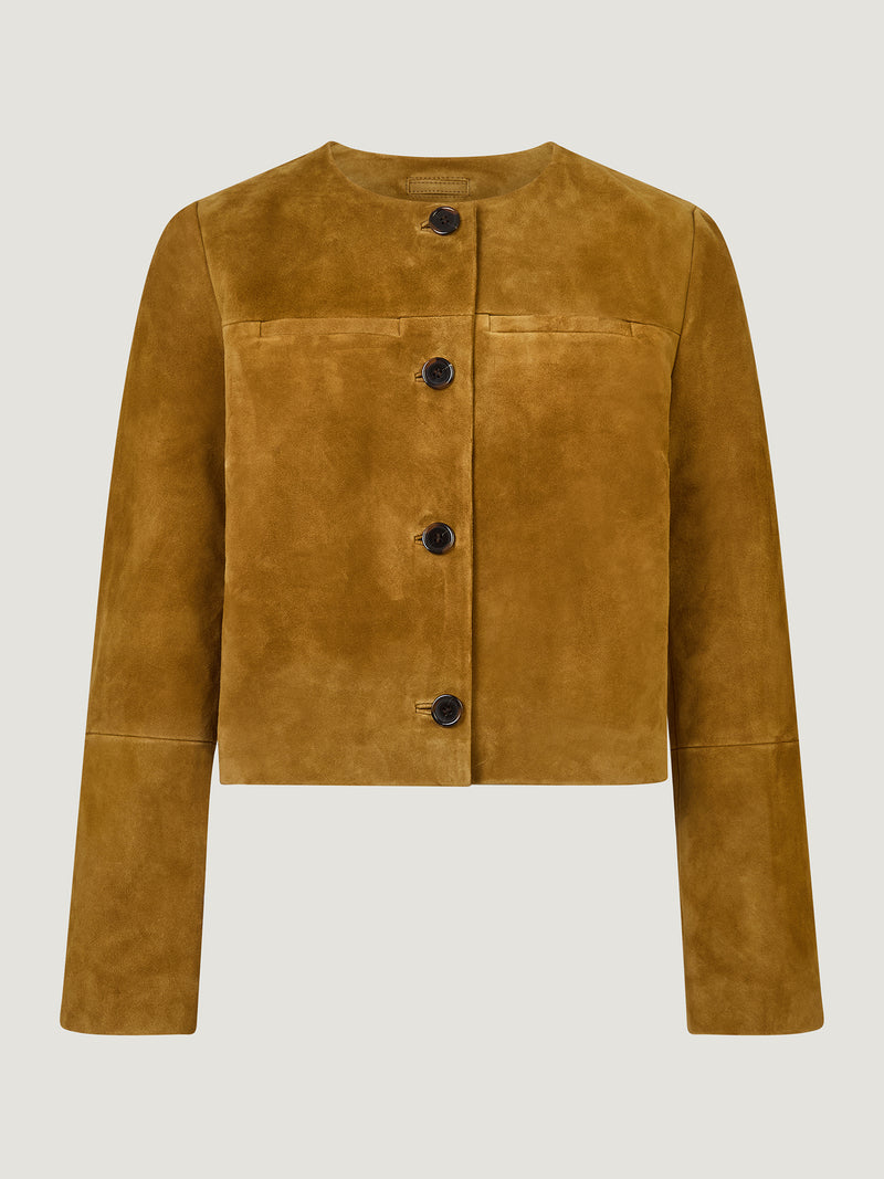 MILO olive suede jacket, back view by Rouje