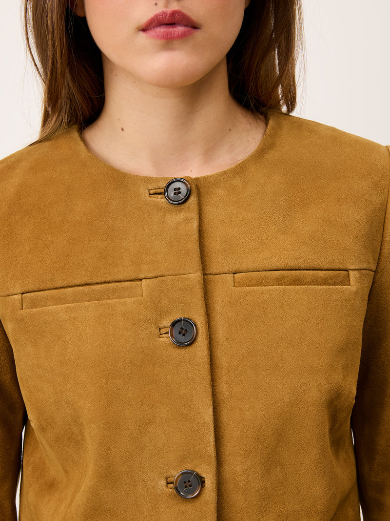 MILO olive suede jacket, detail of elbow cutouts by Rouje