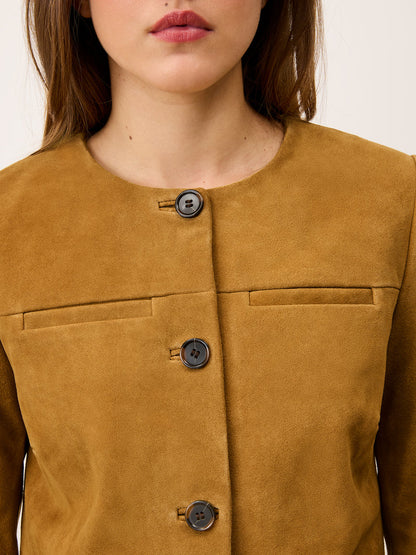 MILO olive suede jacket, detail of elbow cutouts by Rouje