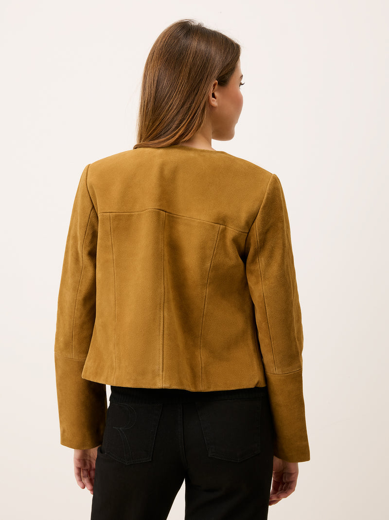 MILO olive suede short jacket, side view by Rouje