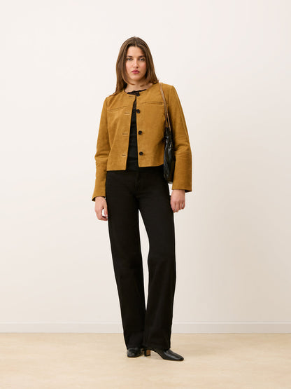MILO olive suede jacket, lifestyle setting by Rouje