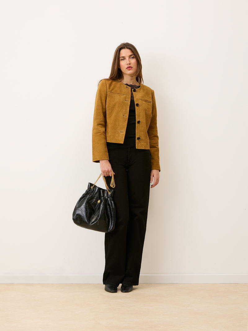 MILO olive suede short boxy jacket, 3/4 view by Rouje