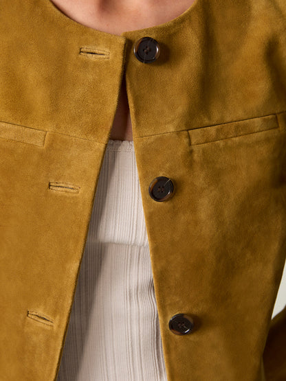 MILO olive suede short boxy jacket, flat packshot by Rouje