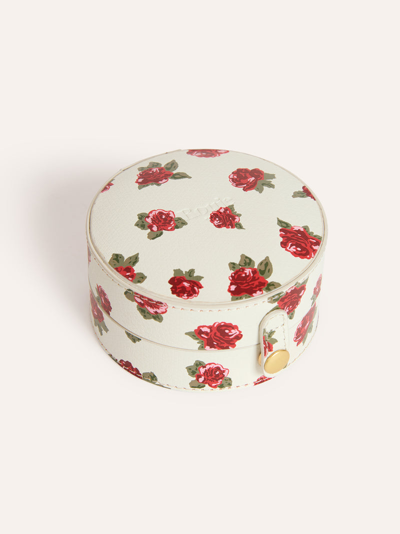 SECRET ecru floral leather jewelry box, open view showing red velvet interior by Rouje