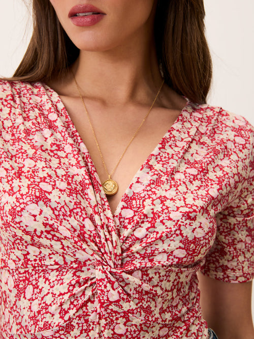 ANDERSON red Amourette floral print twist-knot bodysuit, front view by Rouje