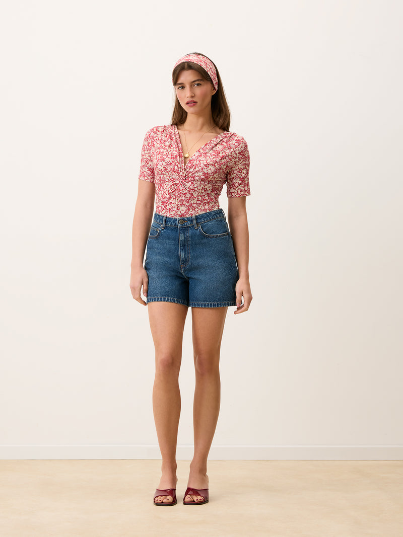 ANDERSON red floral twist-knot bodysuit, back view by Rouje