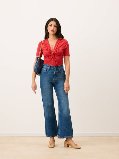 ANDERSON red draped tied stretch bodysuit, side view by Rouje