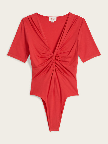 ANDERSON red draped tied stretch bodysuit, flat packshot by Rouje