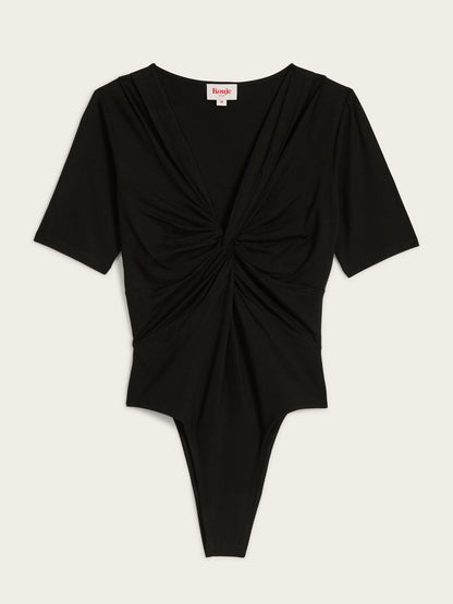 ANDERSON black draped tied stretch bodysuit, flat packshot by Rouje