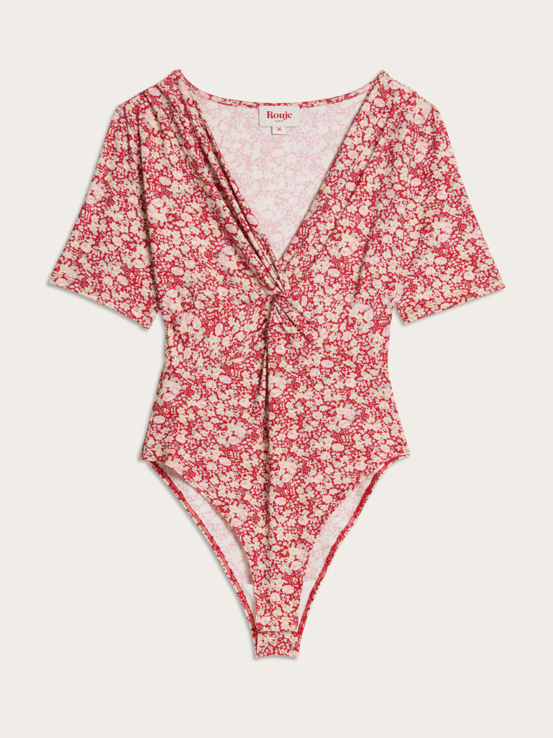 ANDERSON red Amourette floral print twist-knot bodysuit, flat packshot by Rouje