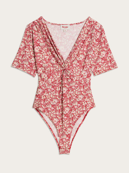 ANDERSON red Amourette floral print twist-knot bodysuit, flat packshot by Rouje