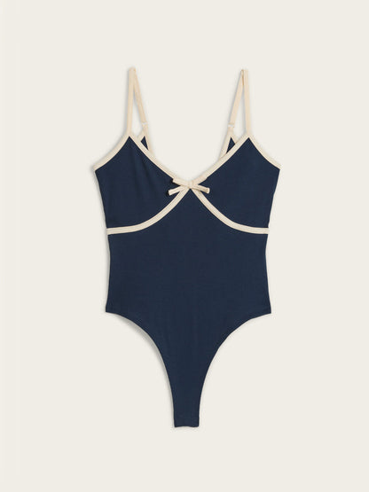 KARENEB navy blue stretch cotton V-neck bodysuit, flat packshot by Rouje