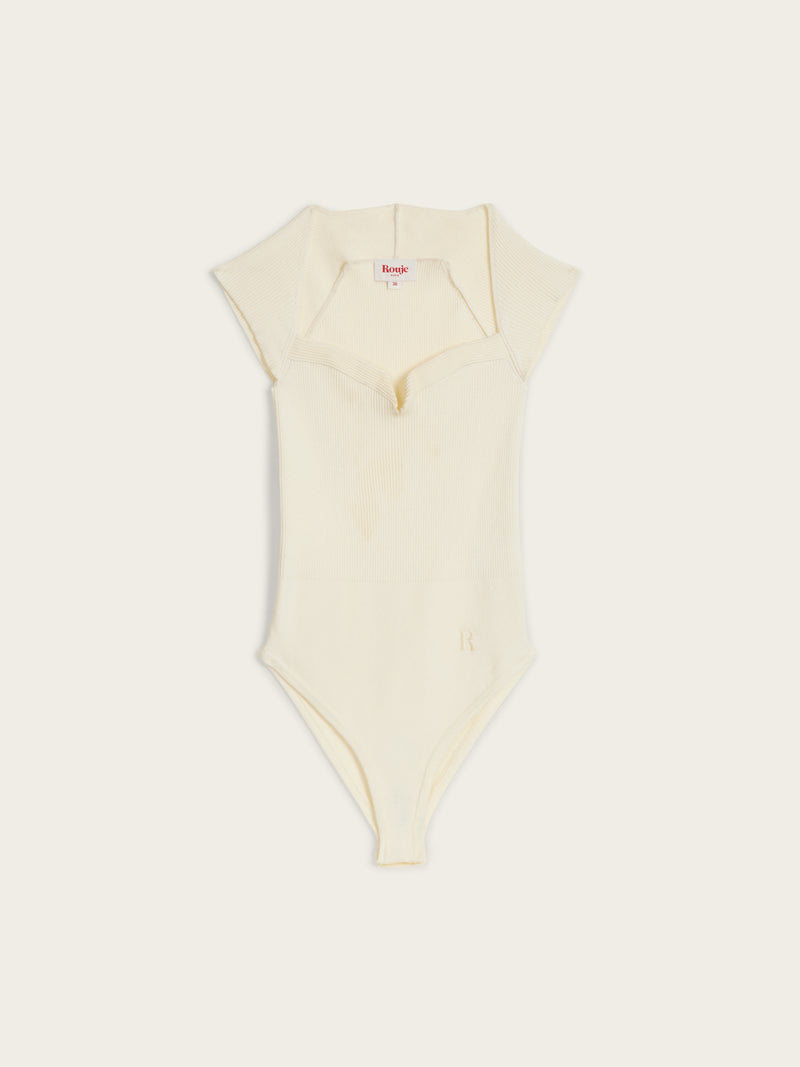 LIDY ecru trapezoid neckline bodysuit, flat packshot by Rouje
