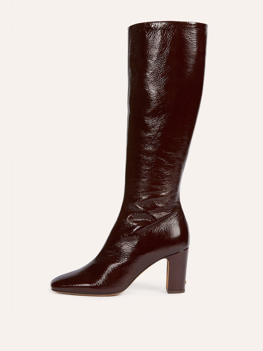 CARLA brown patent leather ankle boots, front view by Rouje