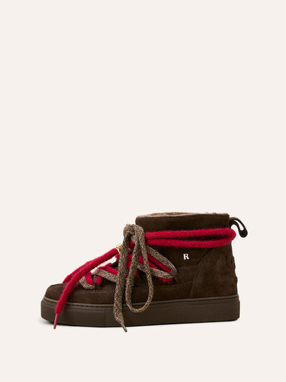 MONTAMOUR chocolate suede Rouje x Inuikii wool-lined lace-up ankle boots, front view by Rouje