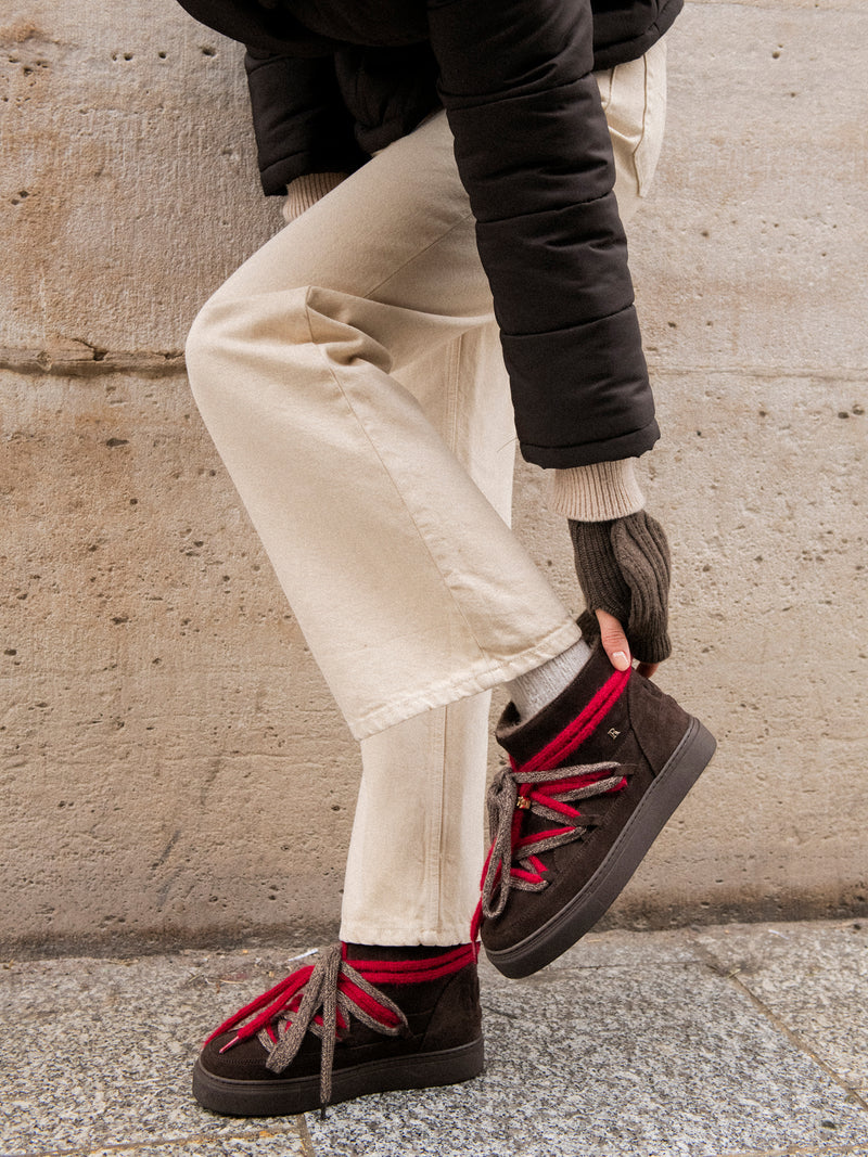 MONTAMOUR chocolate suede lace-up ankle boots, side view by Rouje x Inuikii