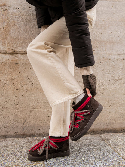 MONTAMOUR chocolate suede lace-up ankle boots, side view by Rouje x Inuikii