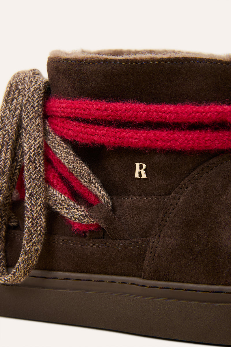 MONTAMOUR chocolate suede ankle boots, detail of R signature on sole by Rouje x Inuikii