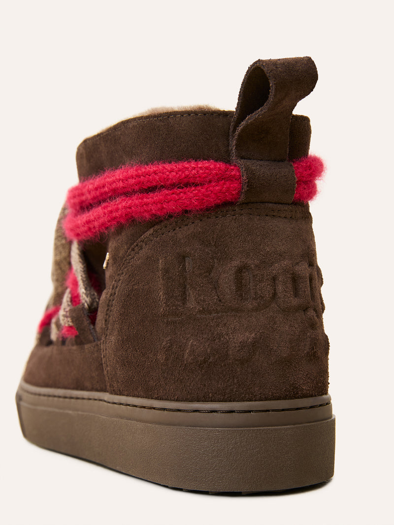 MONTAMOUR chocolate suede Rouje x Inuikii ankle boots, flat packshot by Rouje