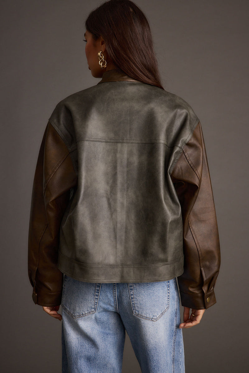 Bowery Color Block Moto Jacket styled in a complete look from an alternate angle.