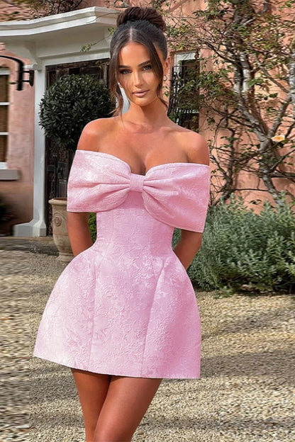 Bowknot Off-Shoulder Backless Mini Party Dress Pink / S