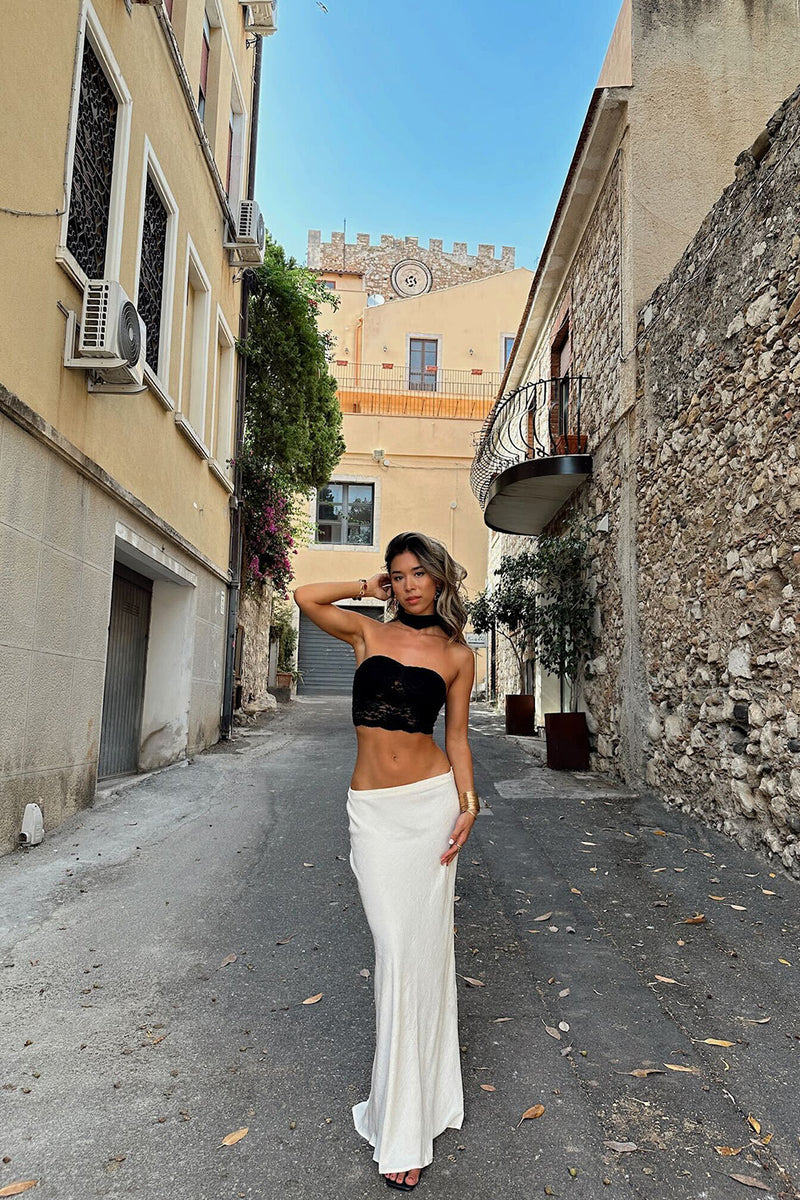 Brigette Black Lace Crop Top and Neck Scarf styled in a complete look from an alternate angle.