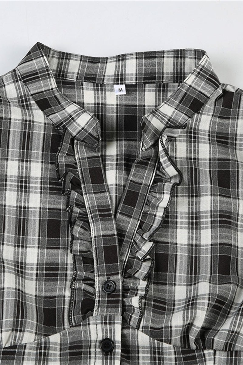 British Plaid Ruffled V Neck Puff Sleeve Blouse