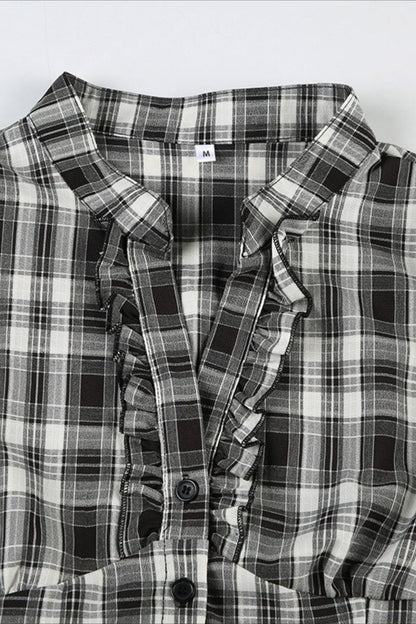British Plaid Ruffled V Neck Puff Sleeve Blouse
