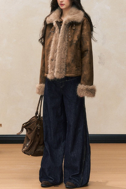 Brown Faux Fur Trim Wool Blend Coat