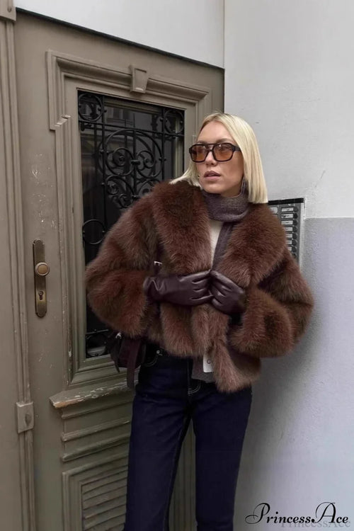 Brown Vintage Old Money Faux Fox Fur Short Coat