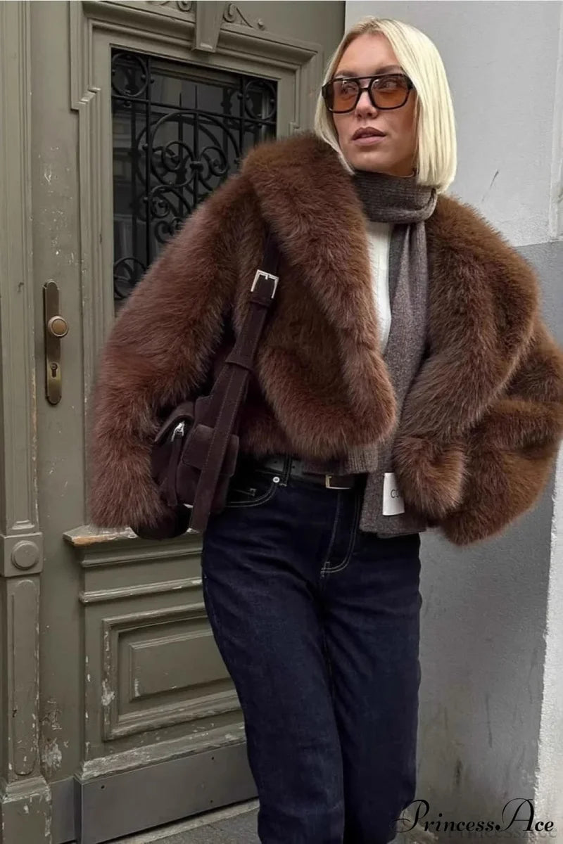 Brown Vintage Old Money Faux Fox Fur Short Coat Brown / S