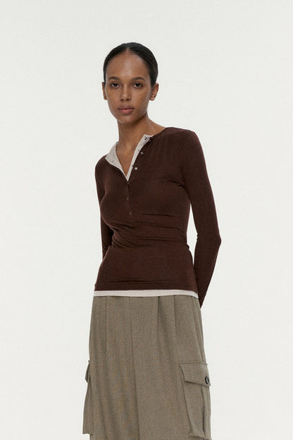 Button Detail Layered Long Sleeve Knit Top