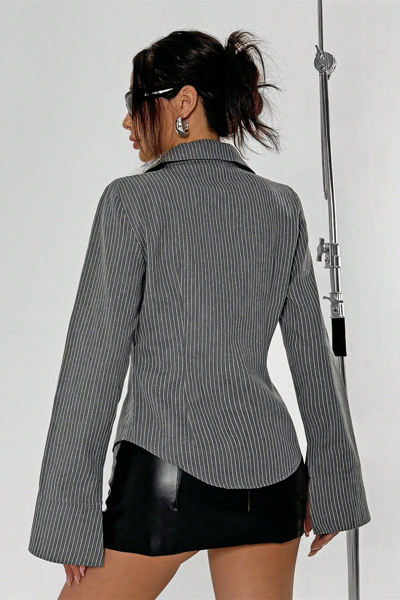 Button Striped Long Sleeve Shirt Cardigan Blouse