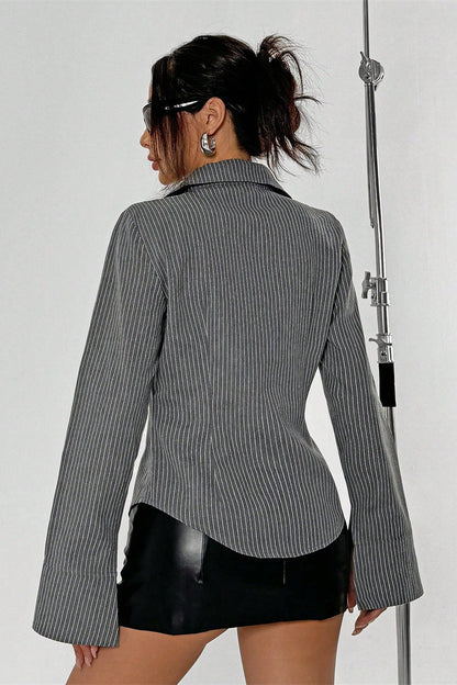 Button Striped Long Sleeve Shirt Cardigan Blouse