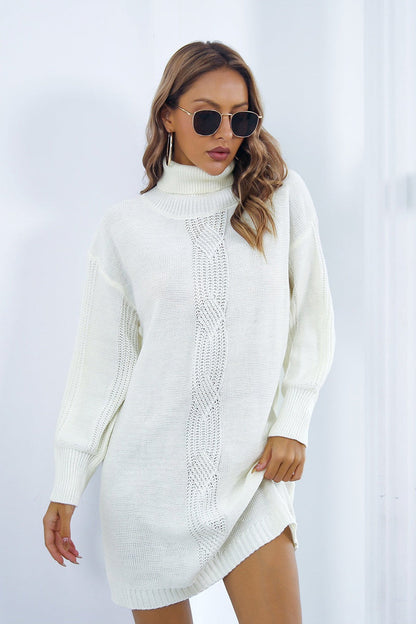 Cable Knit Turtleneck Sweater Dress