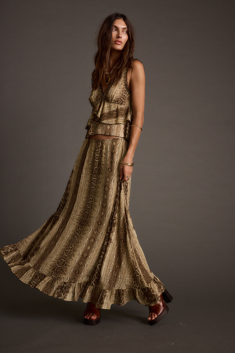 Calla Snake Print Maxi Skirt styled in a complete look from an alternate angle.