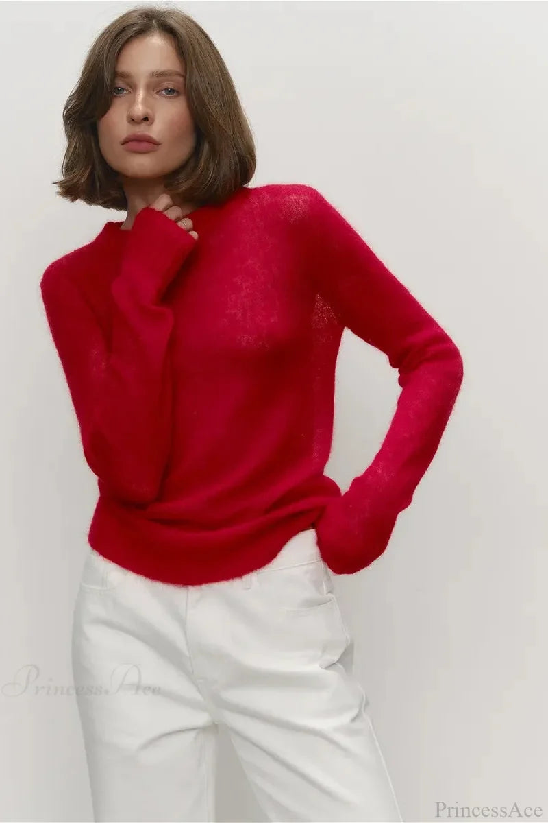Candy Color Sheer Crew Neck Knit Sweater Red / S