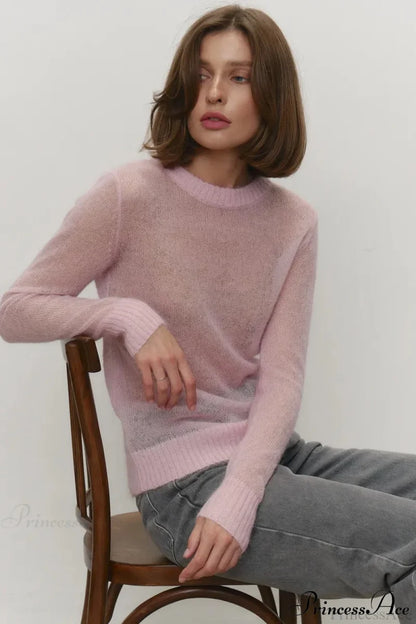Candy Pastels Sheer Crew Neck Lightweight Knit Top Pink / S