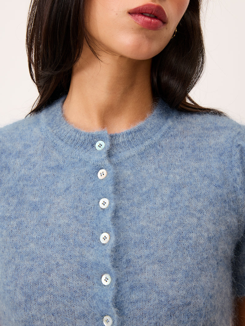 ABELINA blue cardigan with short balloon sleeves, front view by Rouje