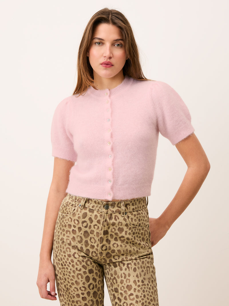 ABELINA pale pink cardigan with short balloon sleeves, front view by Rouje