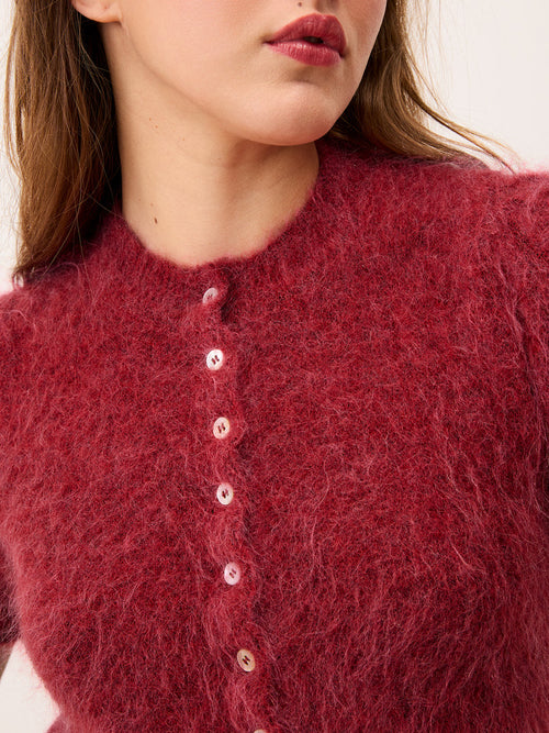 ABELINA red cardigan with short balloon sleeves, front view by Rouje