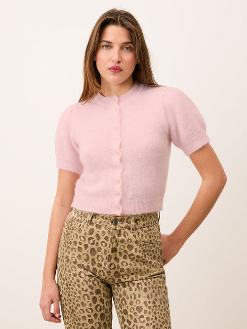 ABELINA pale pink cardigan with short balloon sleeves, front view by Rouje