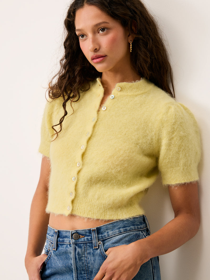 ABELINA lemon yellow cardigan with short balloon sleeves, front view by Rouje