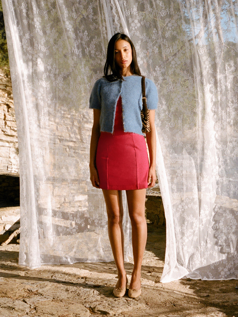 ABELINA blue cardigan worn on a model by Rouje
